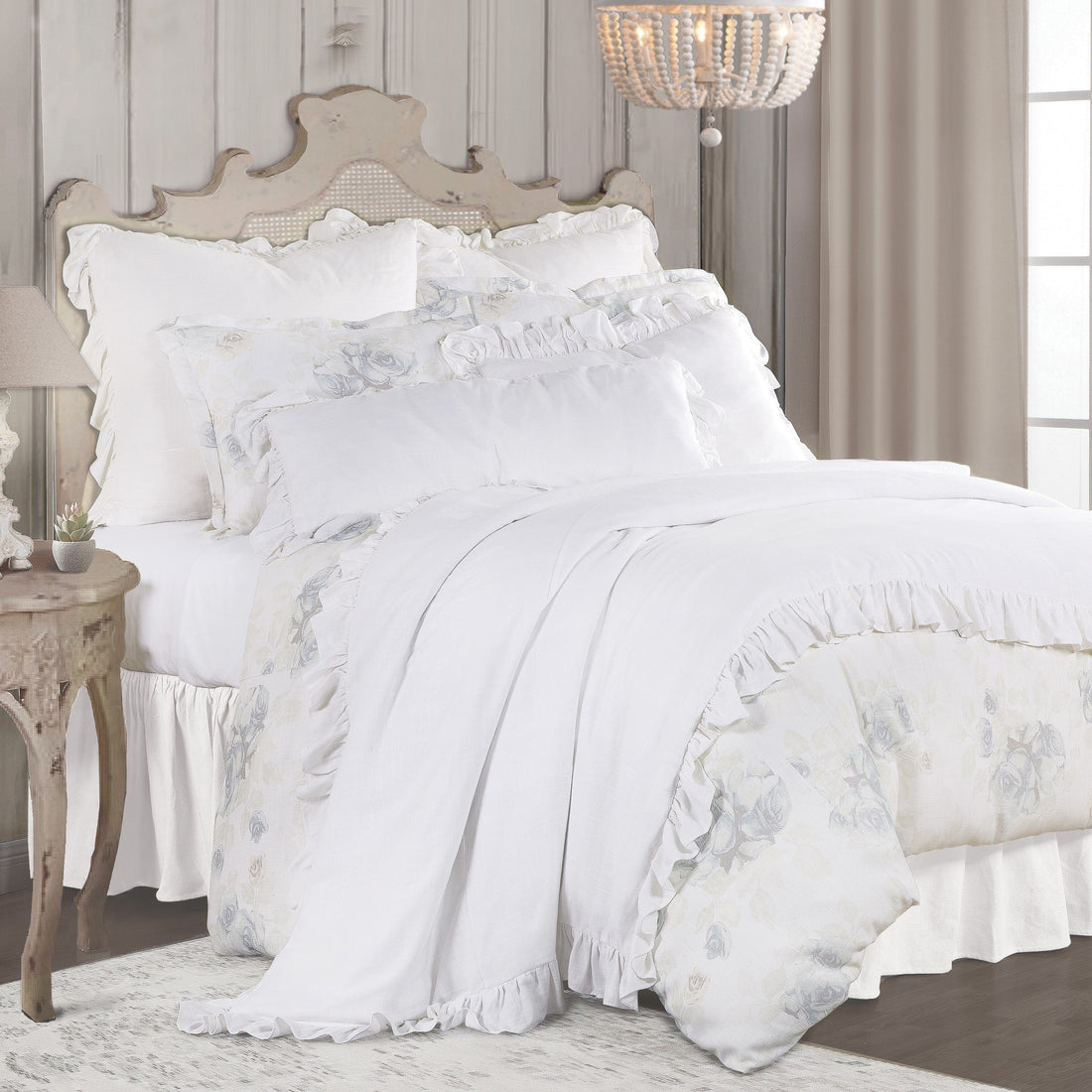 charcoal brushed metal comforter set styled in a mid-century minimalist entryway