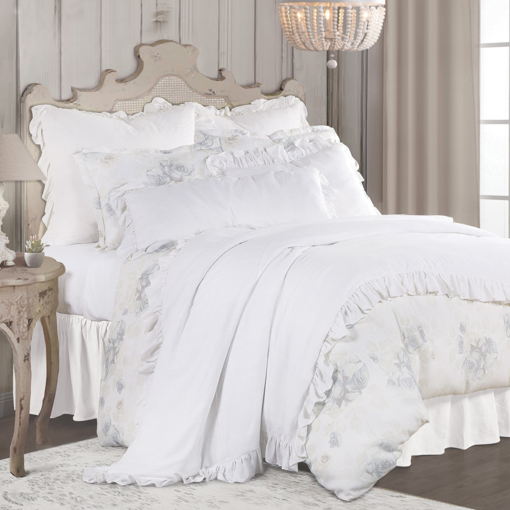 charcoal brushed metal comforter set styled in a mid-century minimalist entryway