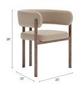Beige ruge dining chair with wooden frame and dimensions labeled on a white background