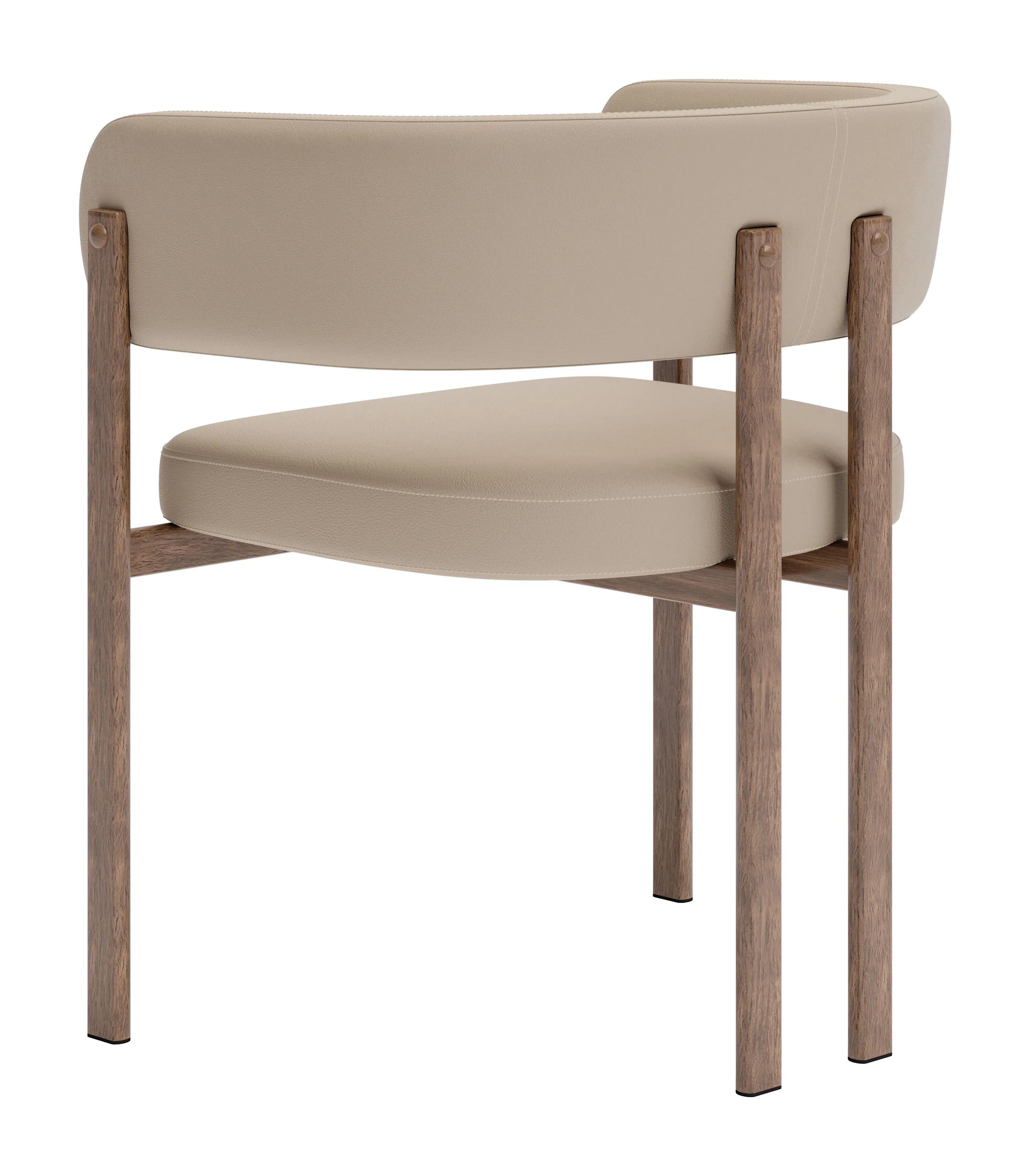 Ruge Dining Chair, three-quarter rear view, highlighting rounded back and armrests.