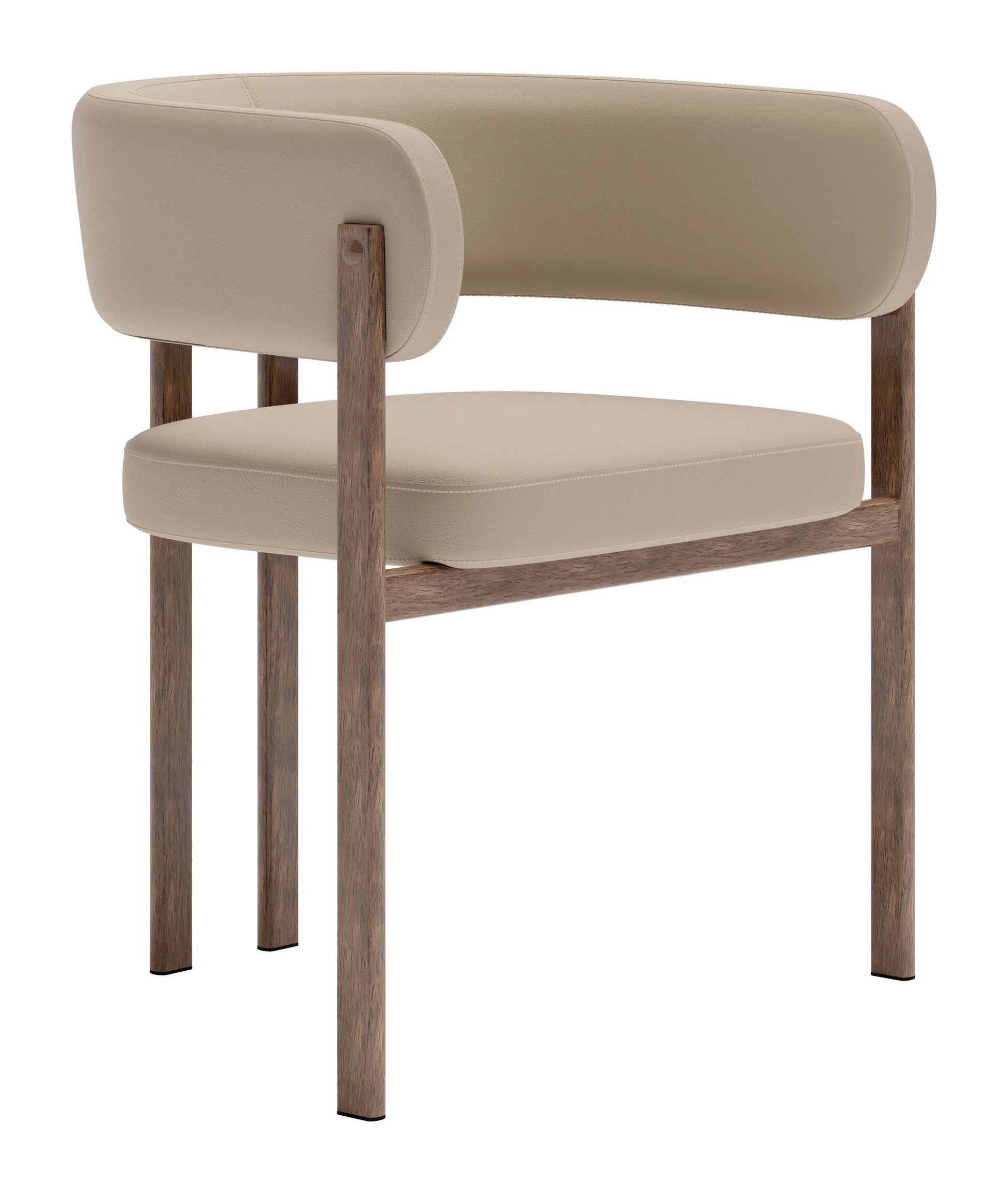 Ruge Dining Chair, beige faux leather, walnut wood frame, angled front view.
