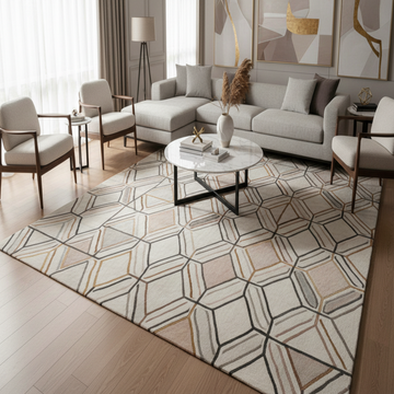Modern living room with a geometric patterned rug, sectional sofa, and decorative items.
