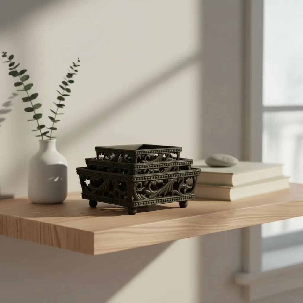Decorative items on a wooden shelf with a vase and books.