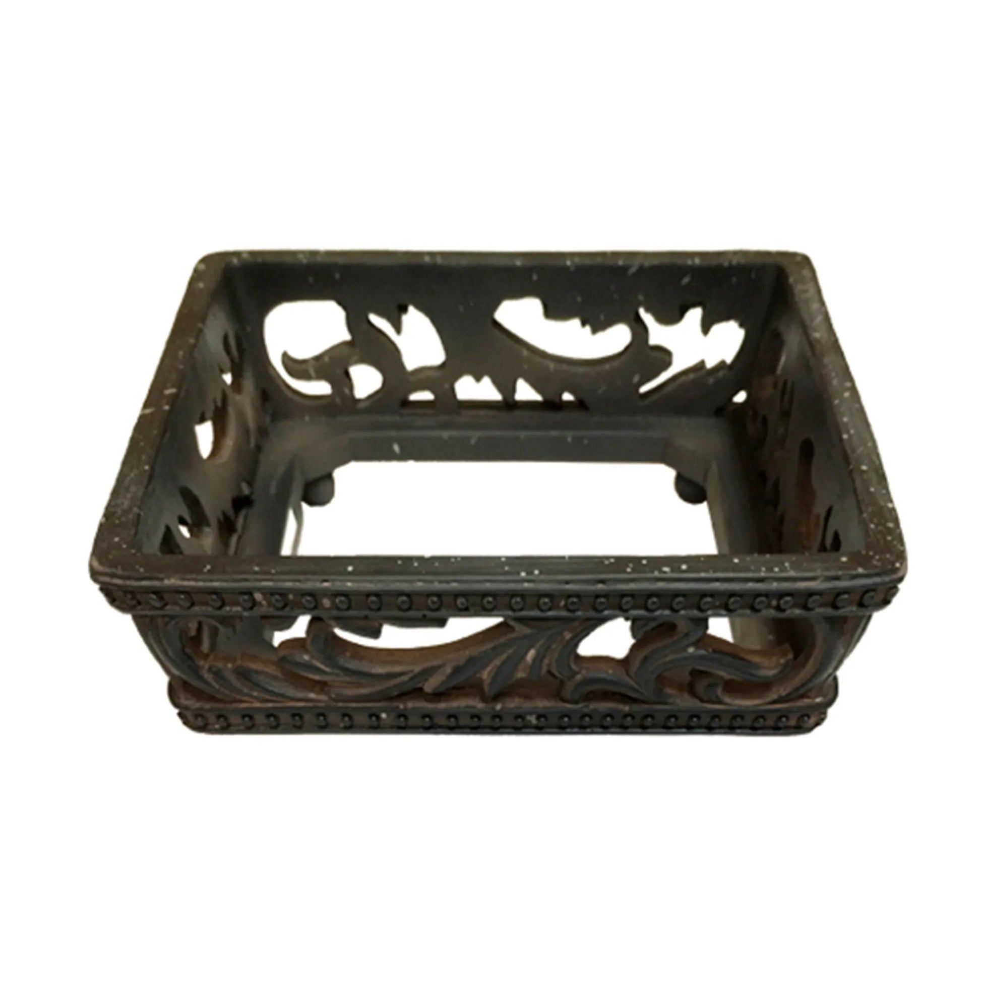 Decorative black metal tray with intricate designs on a white background