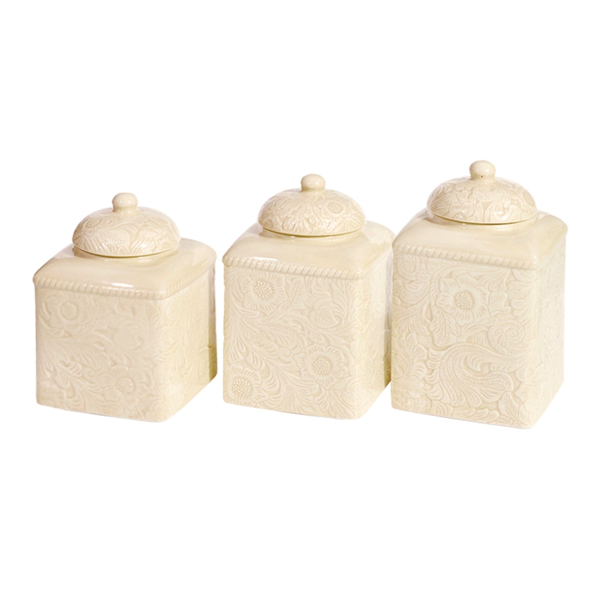 Set of three cream-colored ceramic canisters with textured lids on a white background