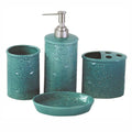 Set of teal ceramic bathroom accessories including a soap dispenser, toothbrush holder, and bowl on a white background.