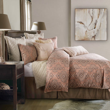 oak marble comforter set styled in a transitional serene master suite