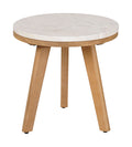 Round siro side table natural with marble top and wooden legs on a white background