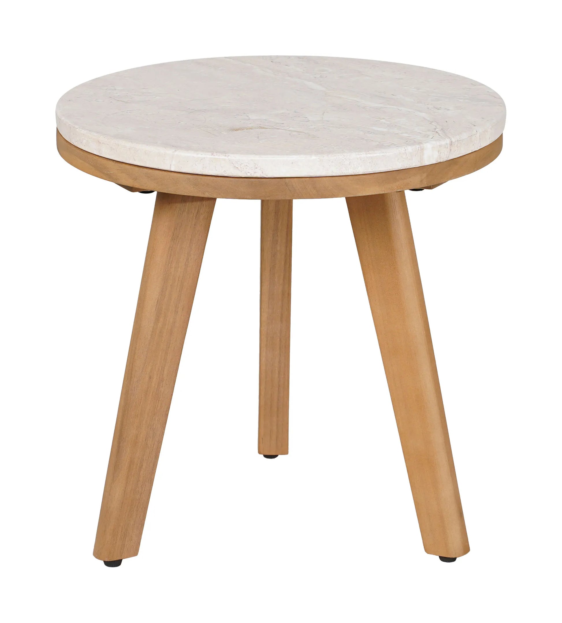 Round siro side table natural with marble top and wooden legs on a white background