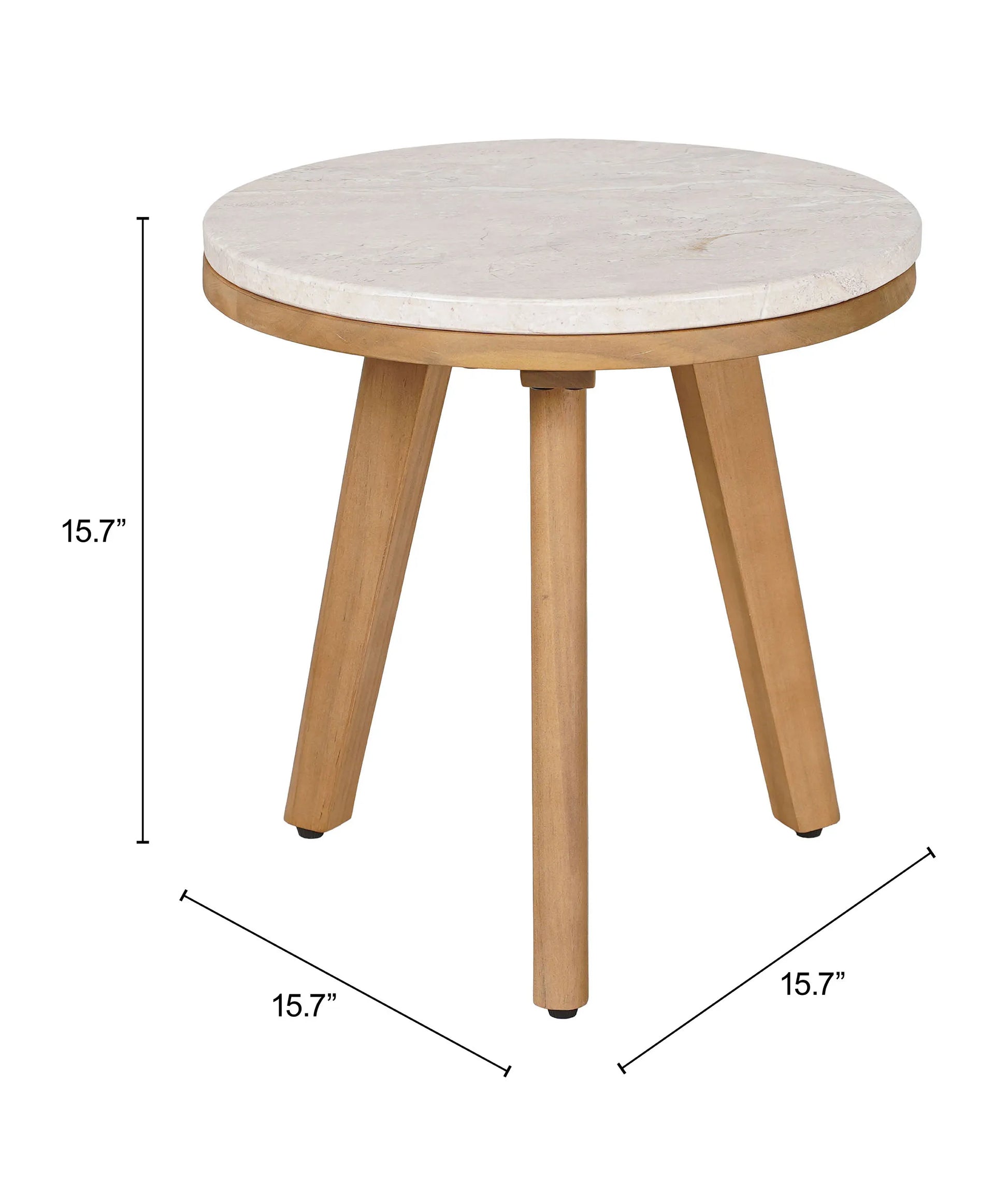Round siro side table natural with marble top and wooden legs, shown with dimensions on a white background.