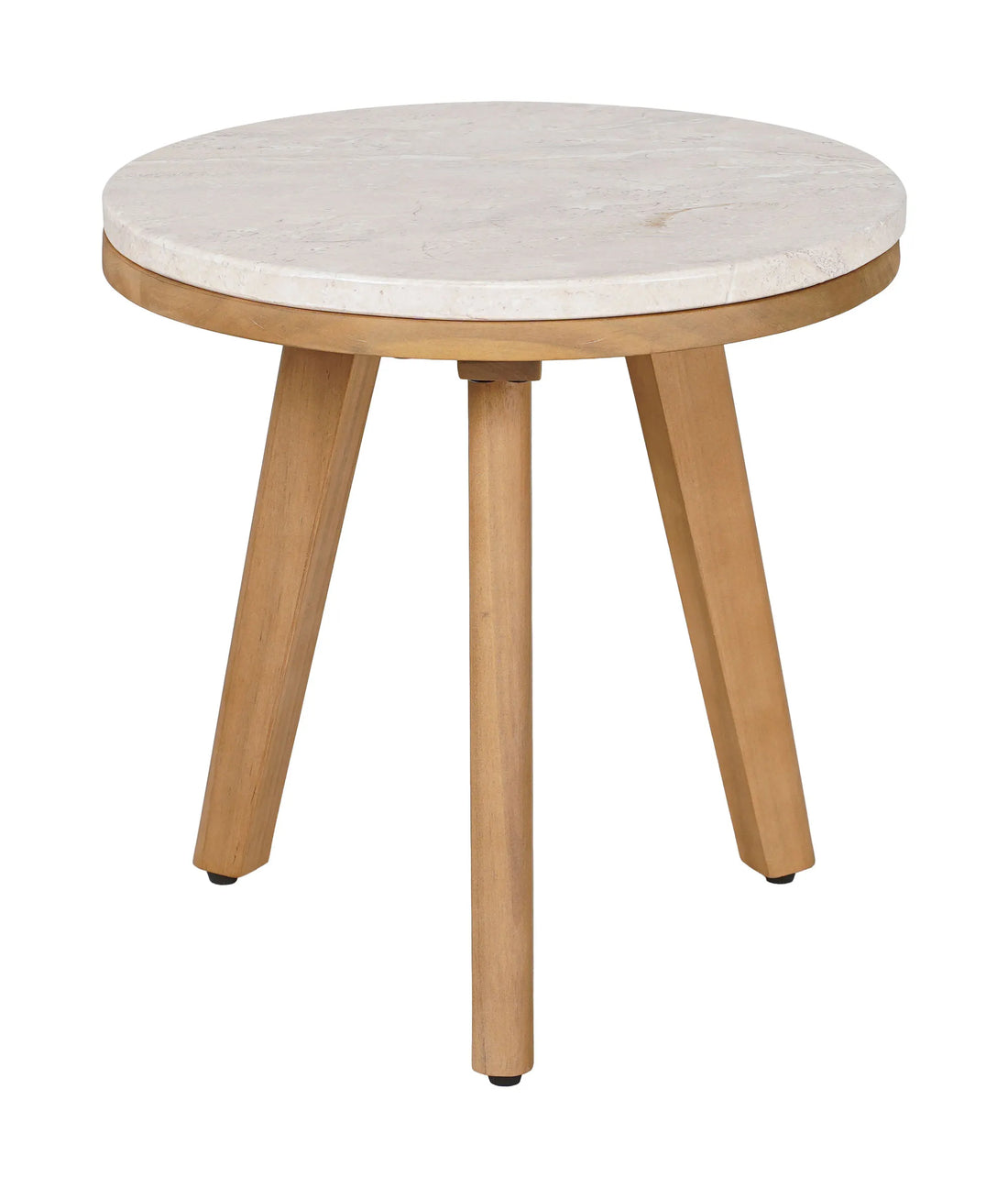 Round siro side table natural with marble top and wooden legs on a white background