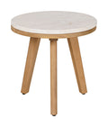 Round siro side table with marble top and natural wooden legs on a white background