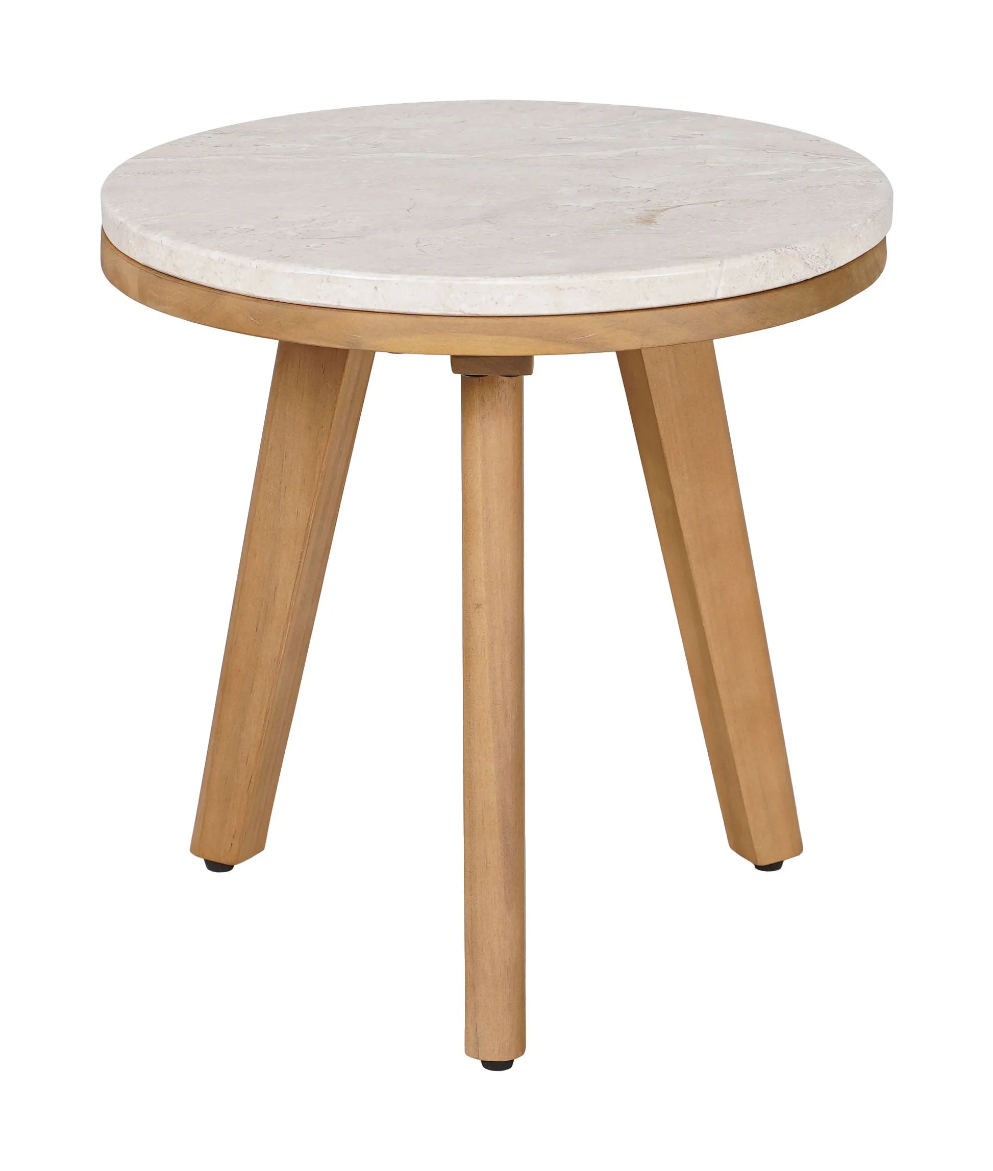 Round siro side table with marble top and natural wooden legs on a white background