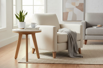 Round siro side table natural with marble top and wooden legs on a white background