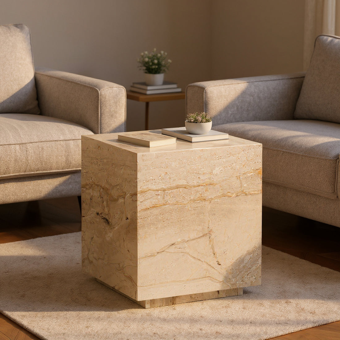 charcoal textured accent table in a modern bedroom setting