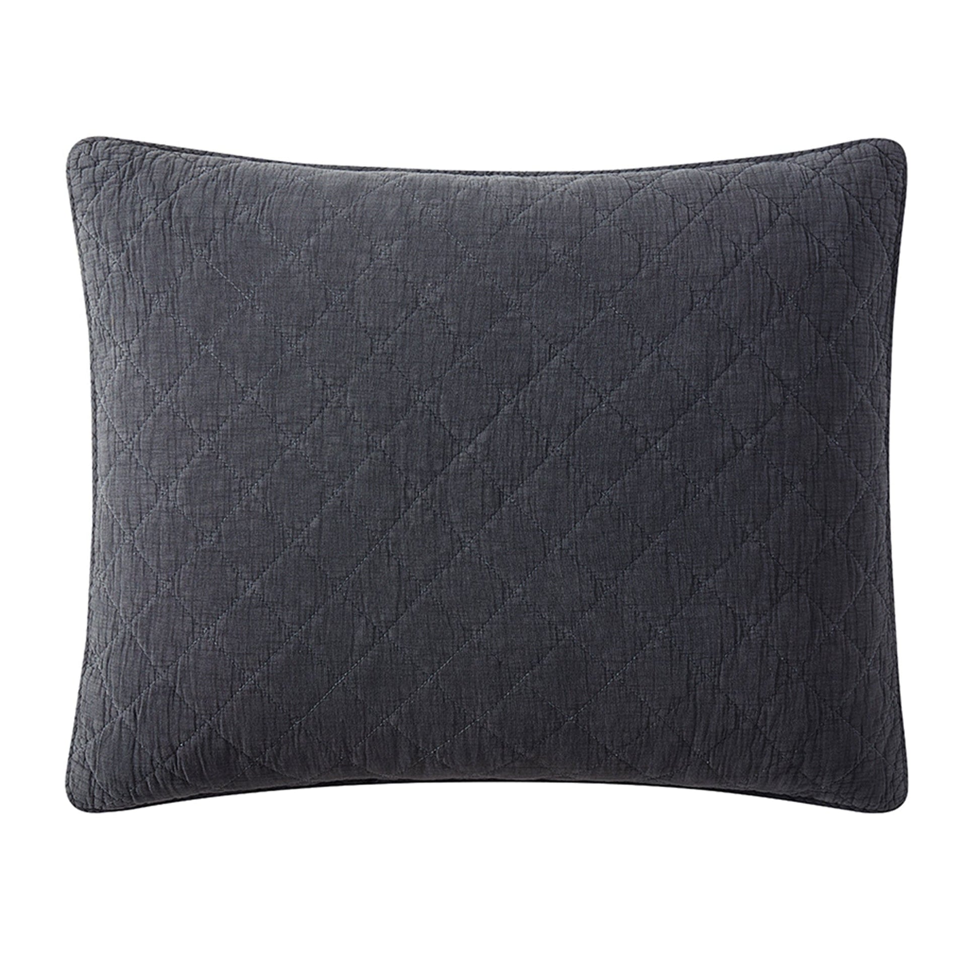 Quilted dark gray pillow on a white background