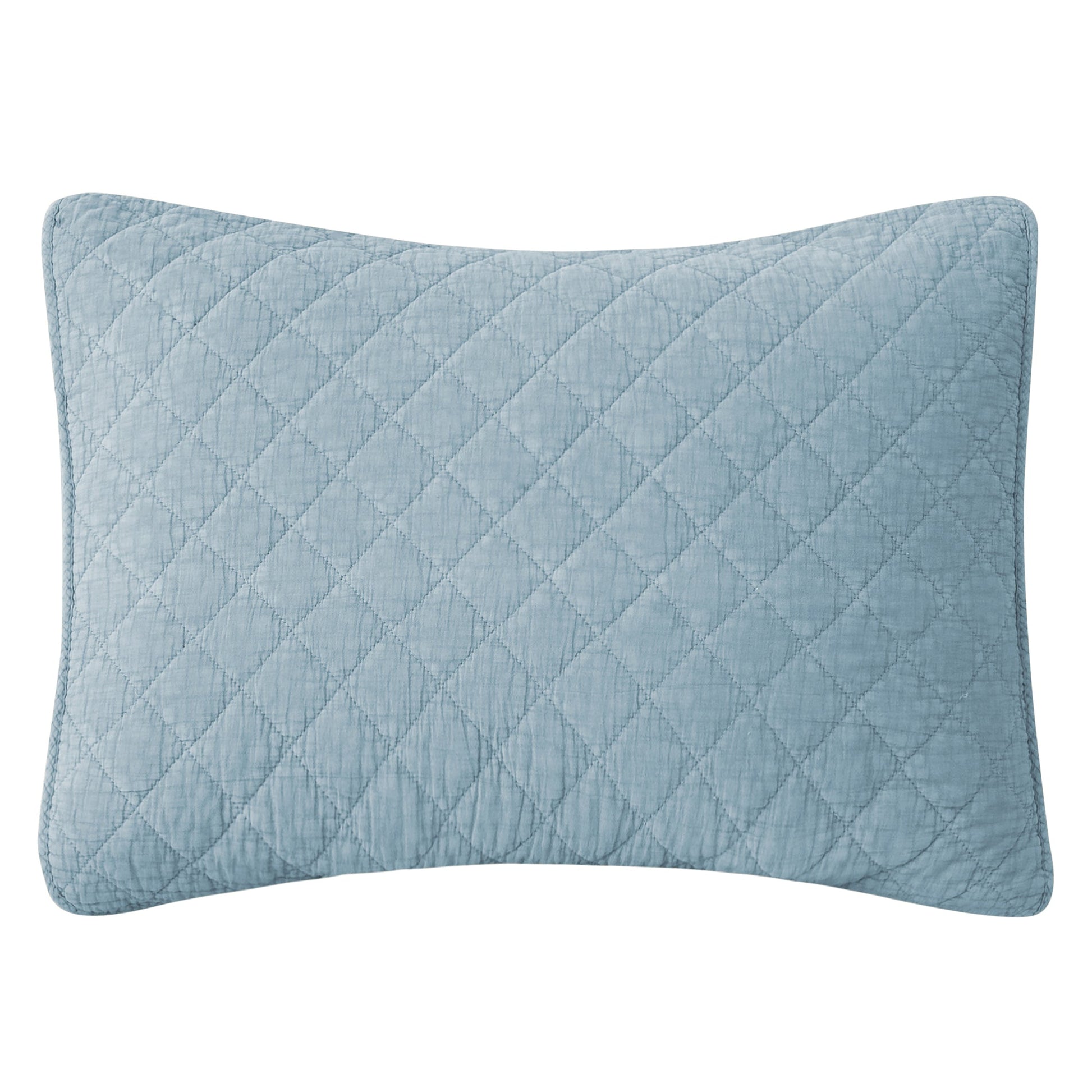 Quilted blue pillow on a white background