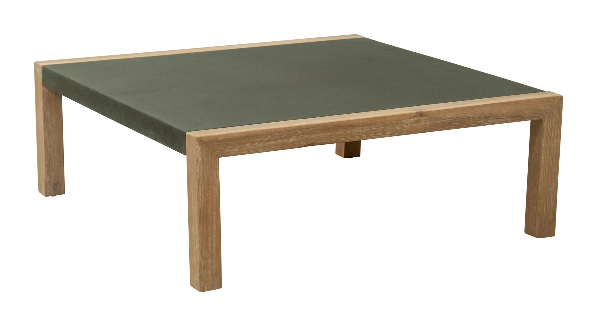 Square teras coffee table with green top and wooden frame on a white background