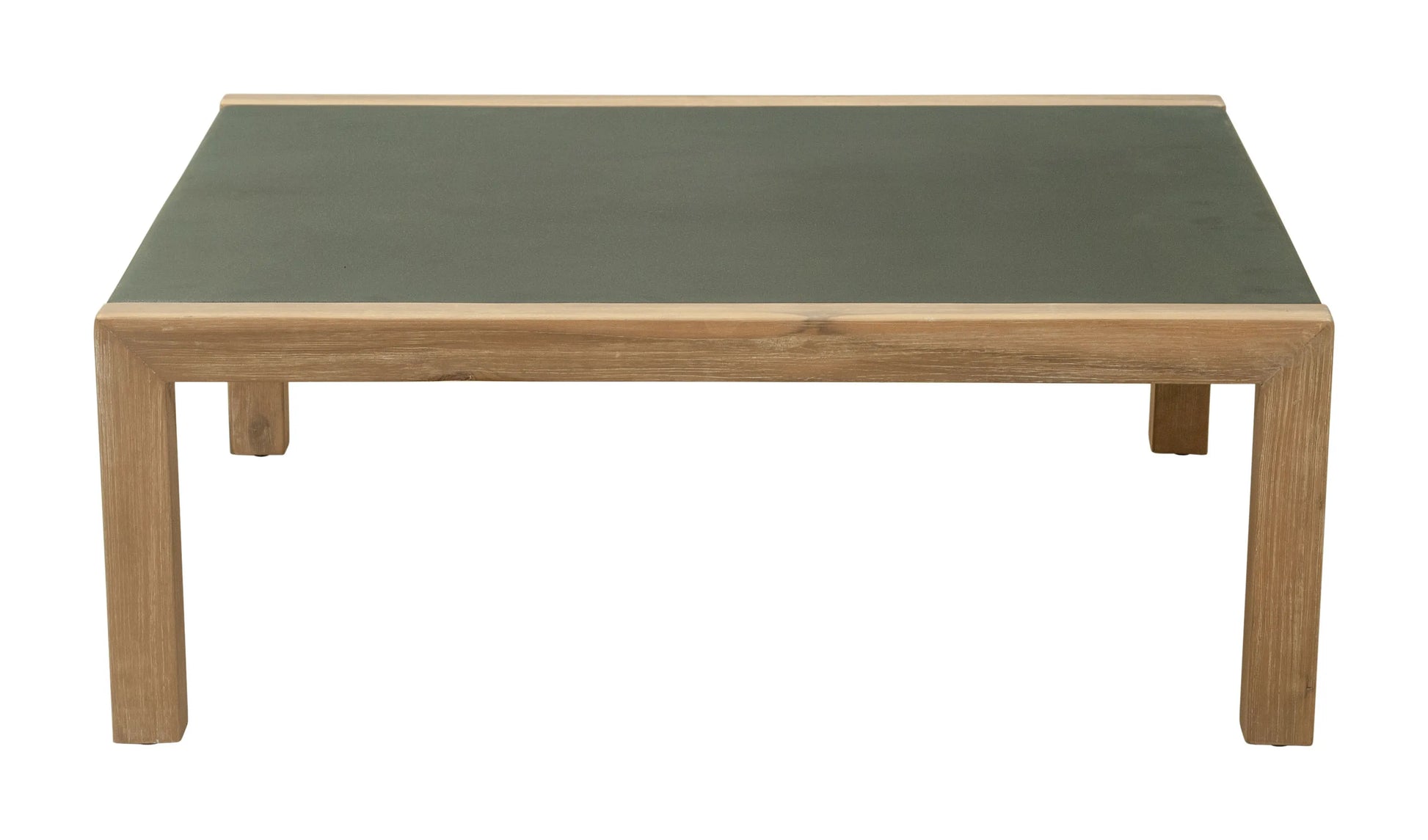 Rectangular teras coffee table with a green top and wooden frame on a white background