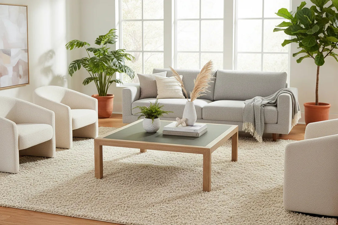 Modern living room with gray sofa, white chairs, and a wooden teras coffee table.
