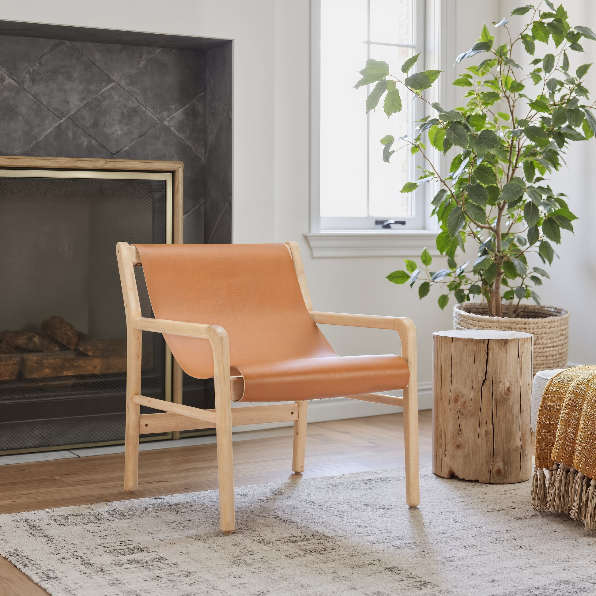 cream woven accent chair in a minimalist dining room setting