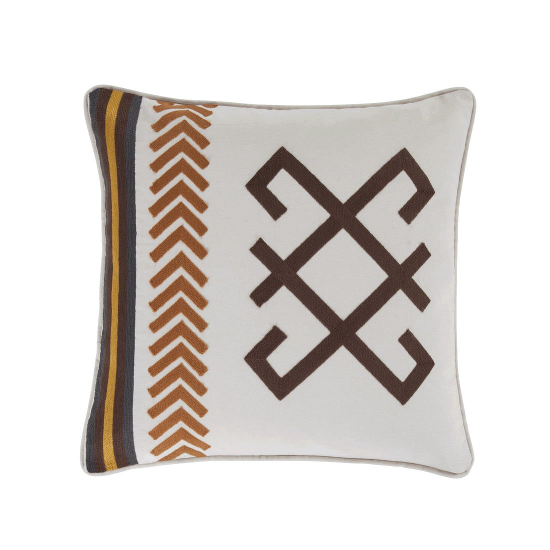 earth-toned textured decorative pillow in a contemporary master bedroom setting