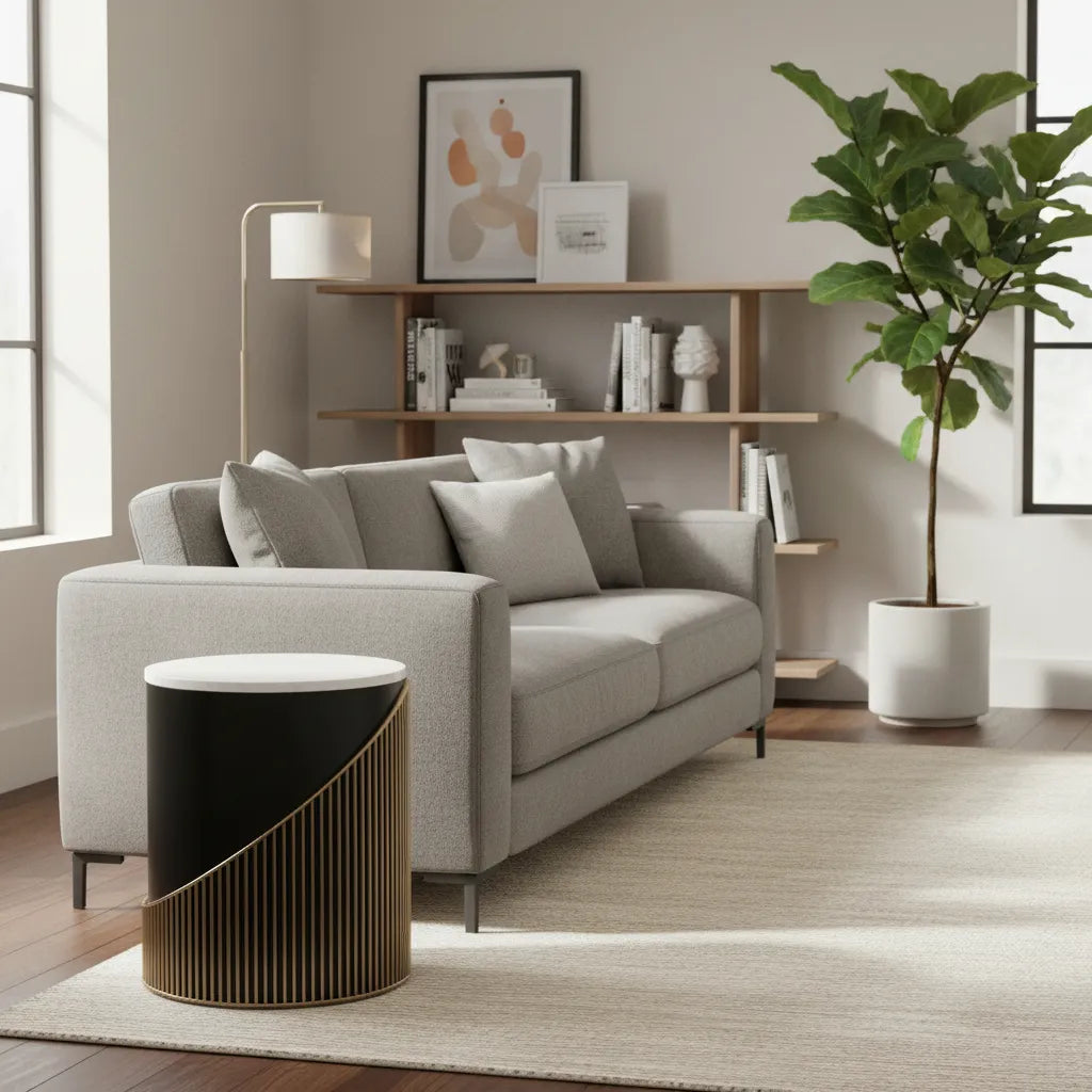 Modern living room with a gray sofa, tova side table multicolor, and bookshelf.