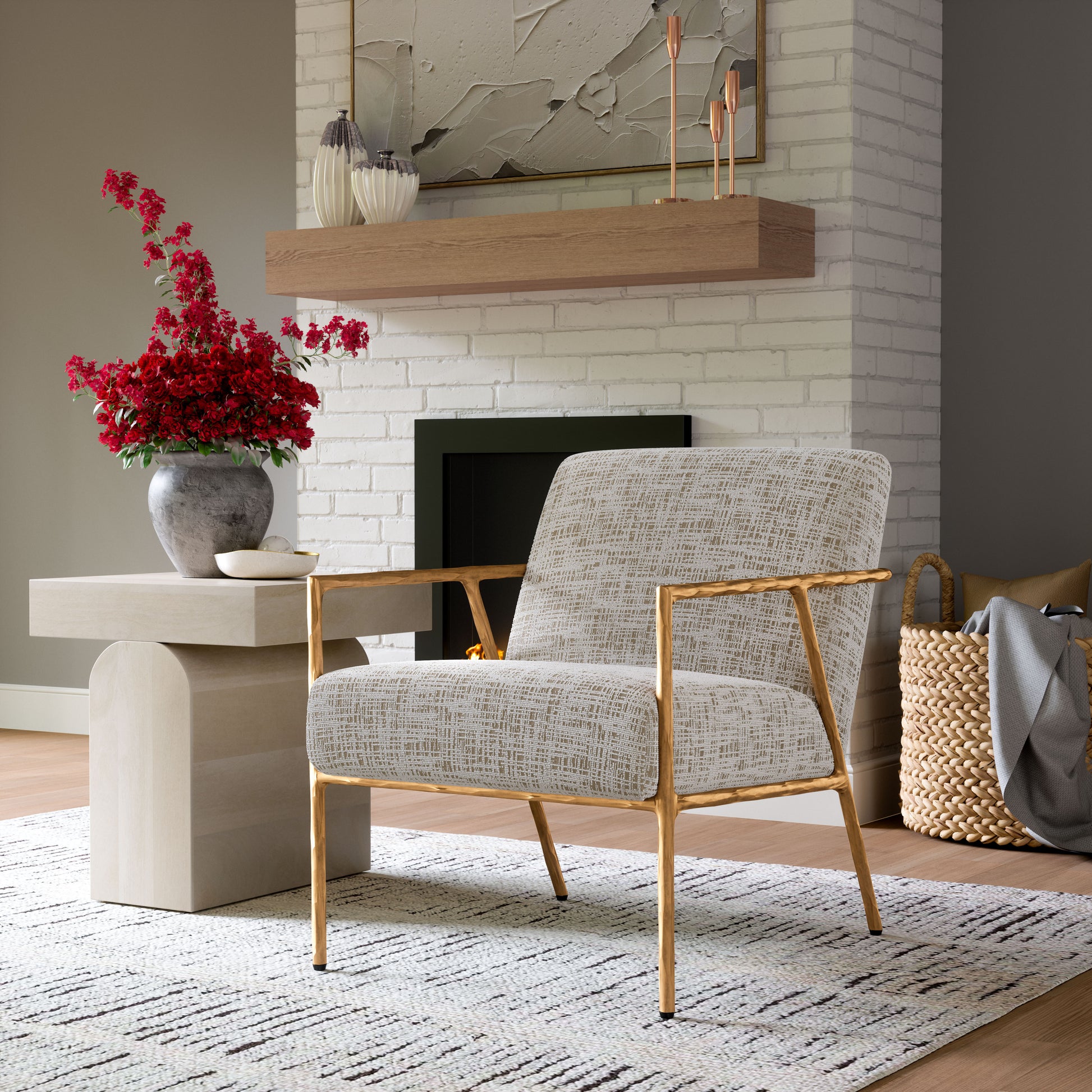 beige plush accent chair in a refined master bedroom setting