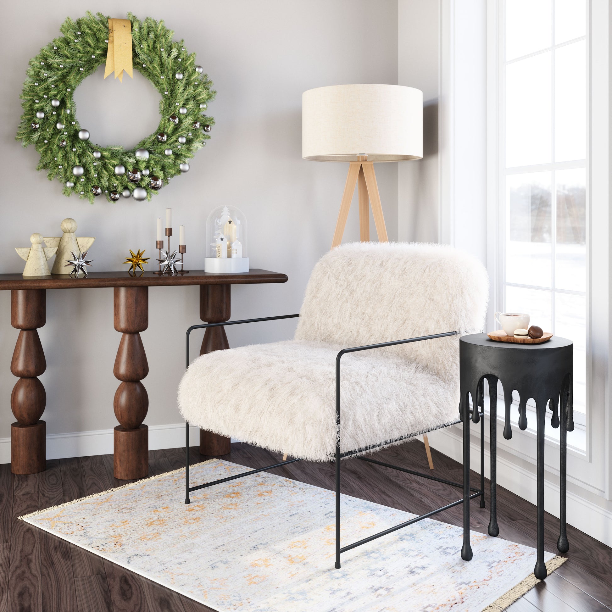 earth-toned fabric accent chair in a modern bedroom setting