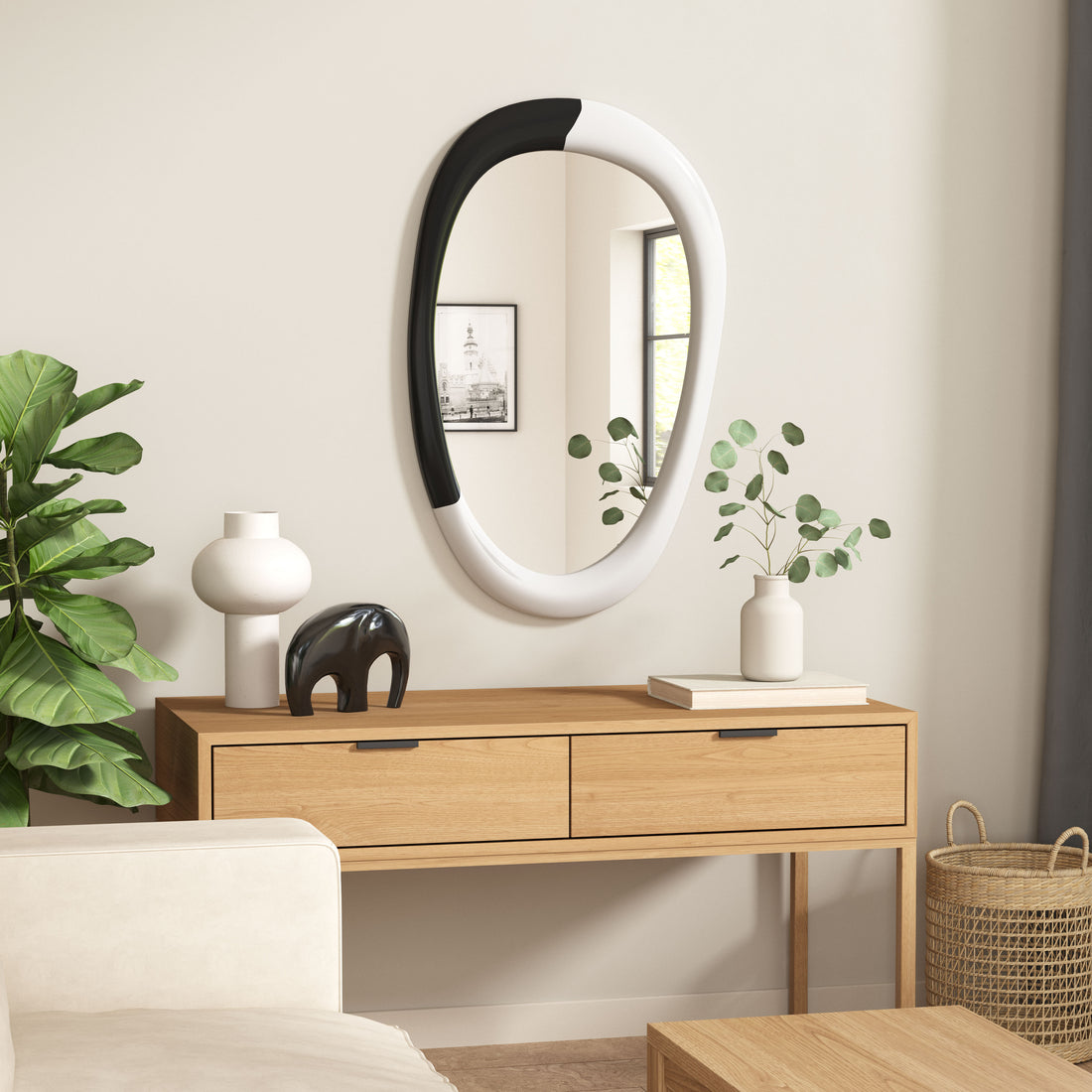 natural velvet decorative mirror in a contemporary cozy bedroom setting