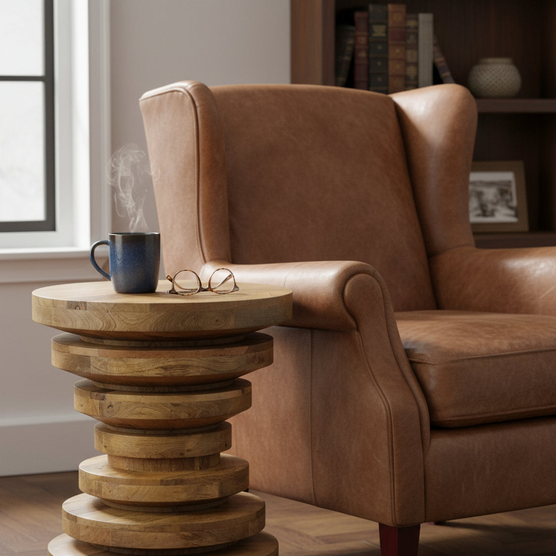 neutral-toned linen accent table in a minimalist dining room setting
