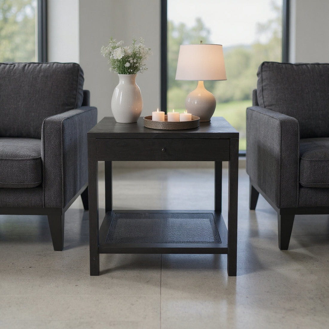 ivory cotton accent table in a contemporary cozy bedroom setting