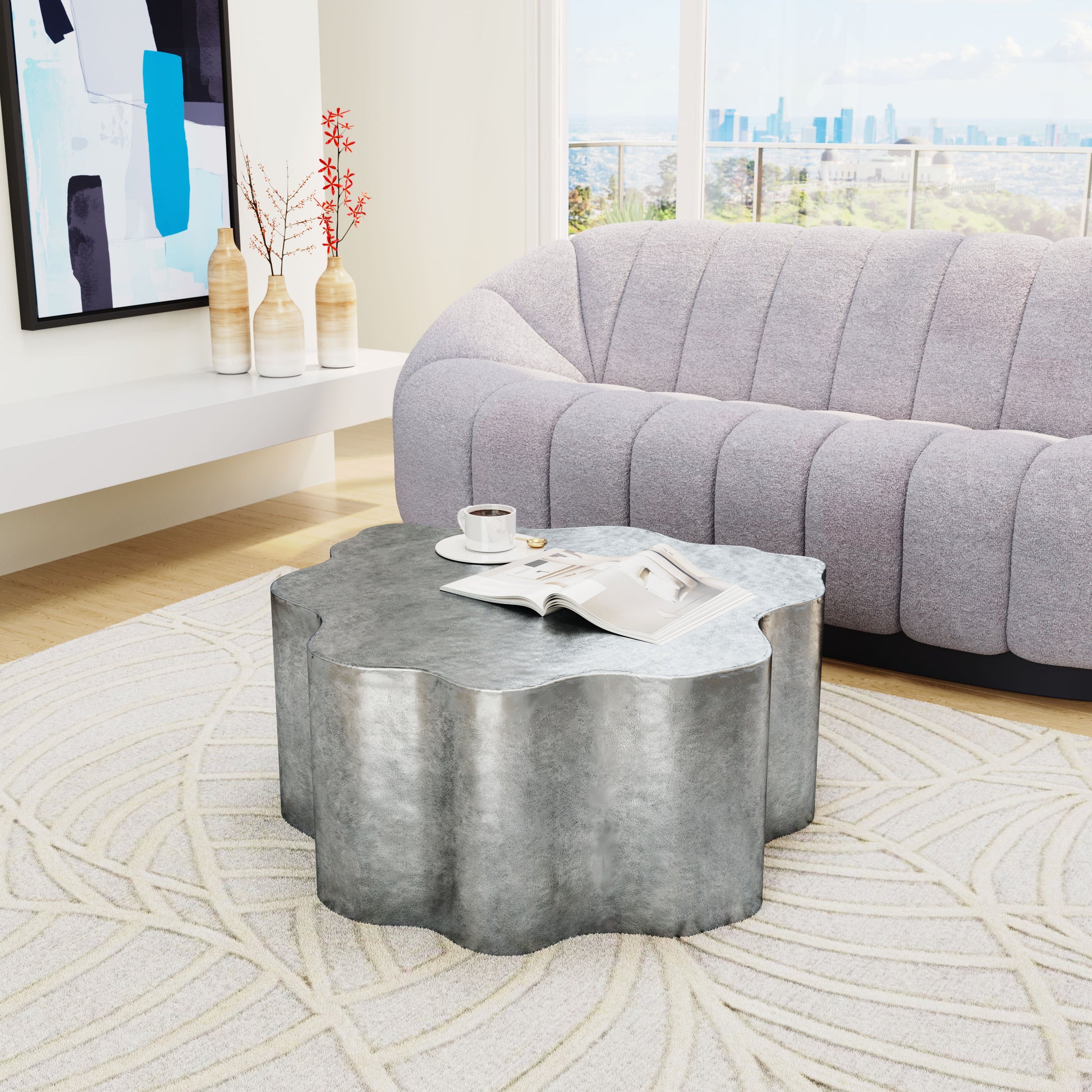 natural velvet accent table in a contemporary cozy bedroom setting