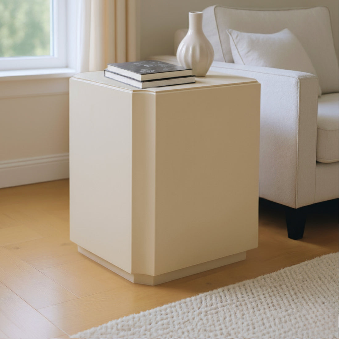 white brushed accent table in a contemporary cozy bedroom setting