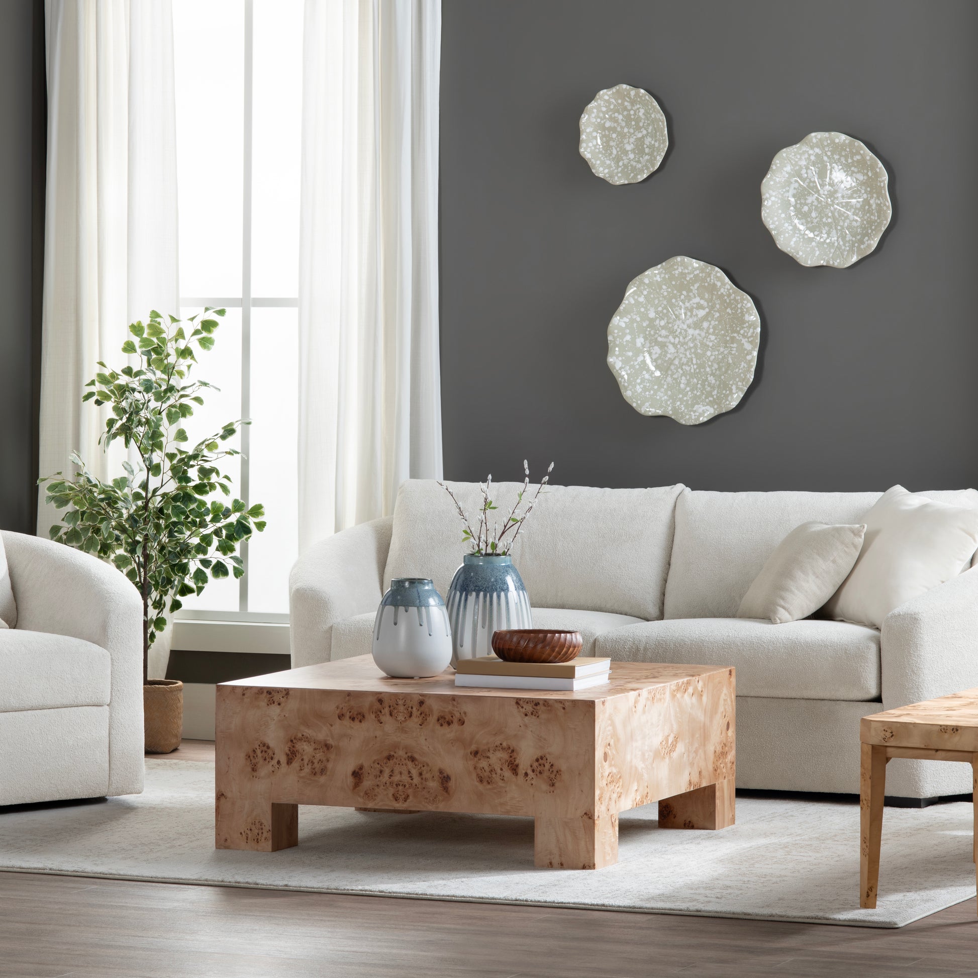 natural velvet accent table in a contemporary cozy bedroom setting