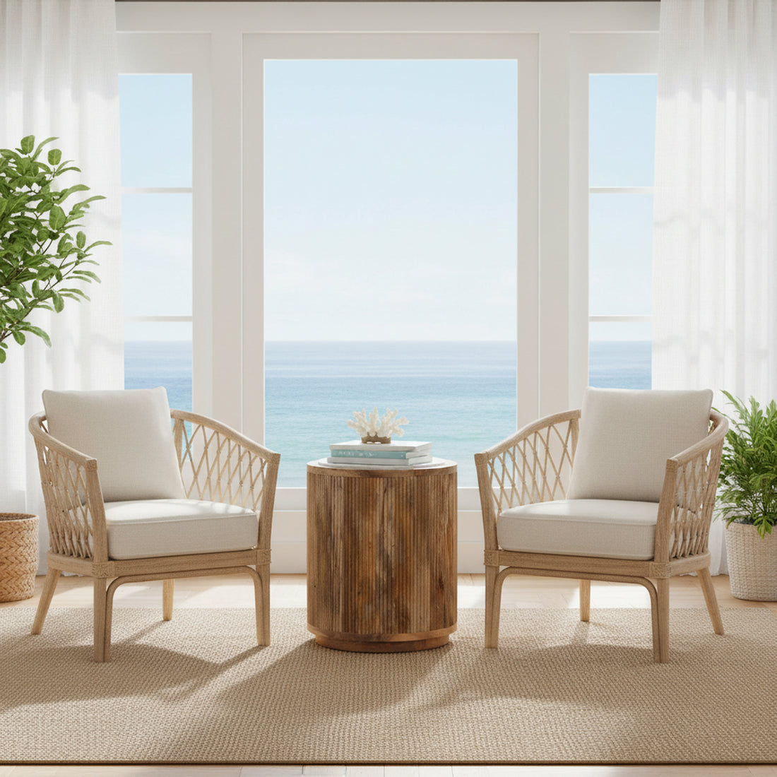 ivory cotton accent table in a farmhouse contemporary bedroom setting