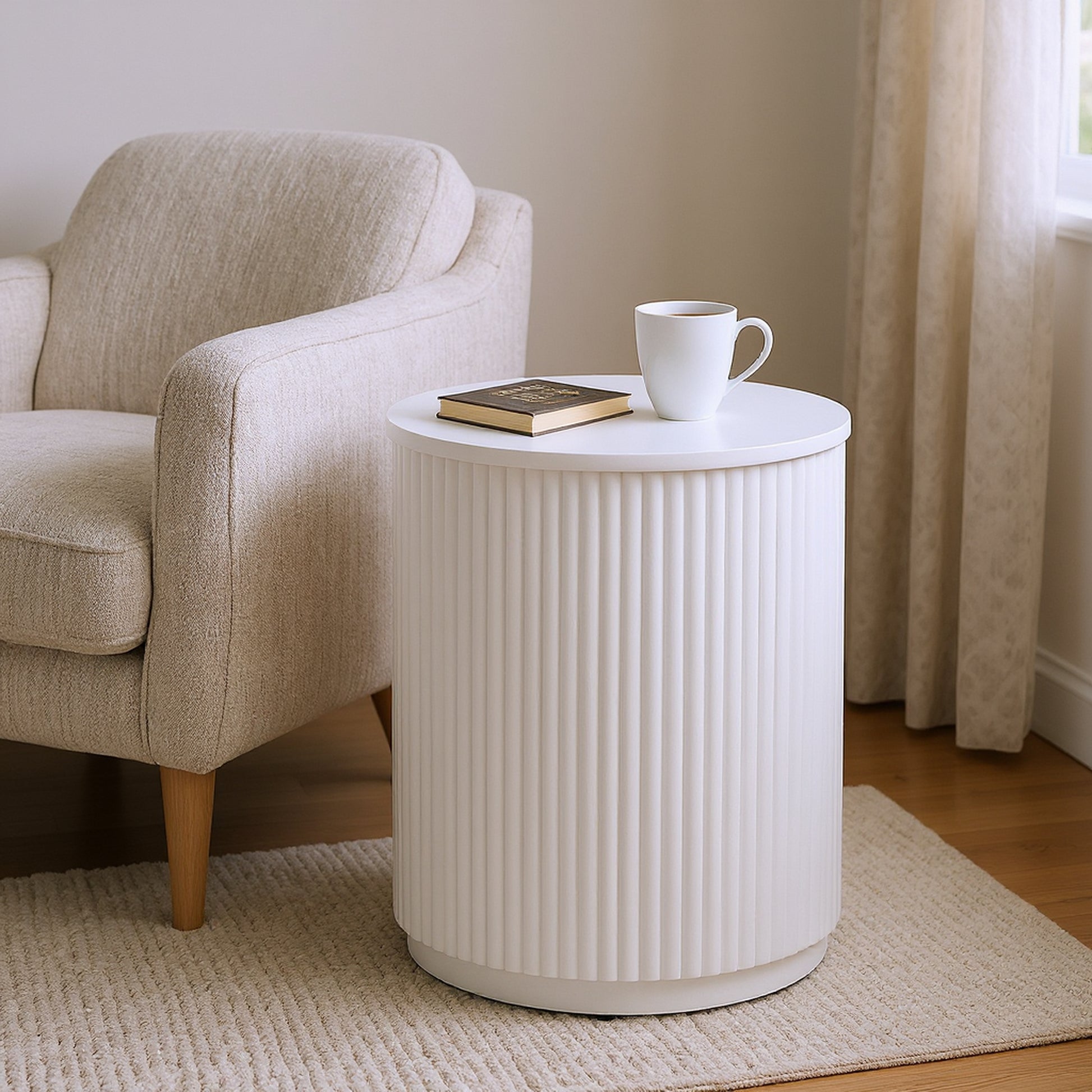 ivory cotton accent table in a farmhouse contemporary bedroom setting