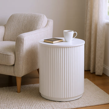 ivory cotton accent table in a farmhouse contemporary bedroom setting