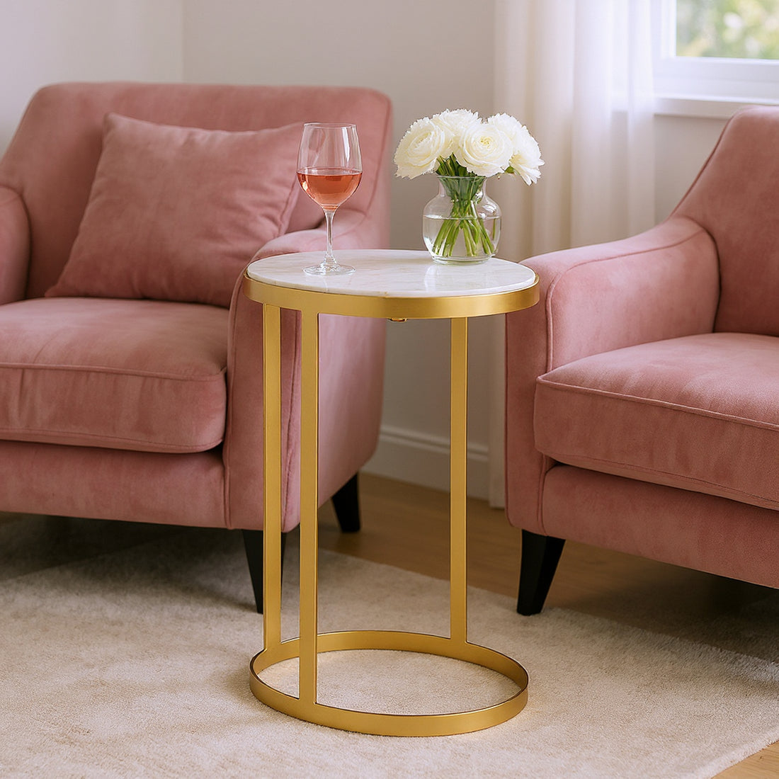 beige plush accent table in a transitional living room setting