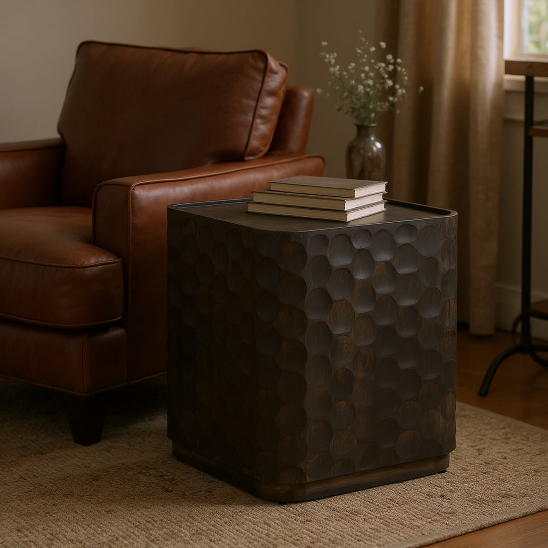 white brushed accent table in a farmhouse contemporary bedroom setting