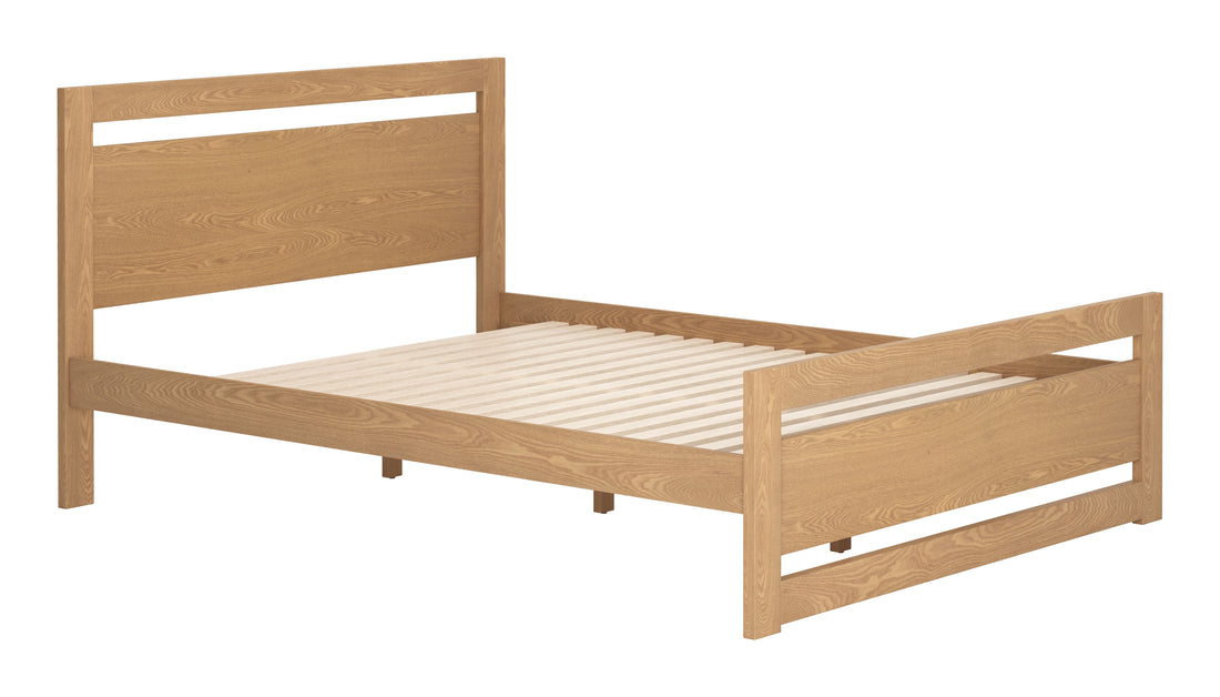natural wood solid wood bed frame styled in a farmhouse chic modern living room