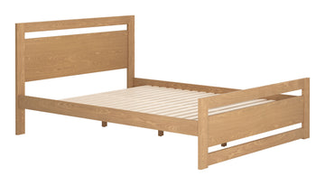 natural wood solid wood bed frame styled in a farmhouse chic modern living room