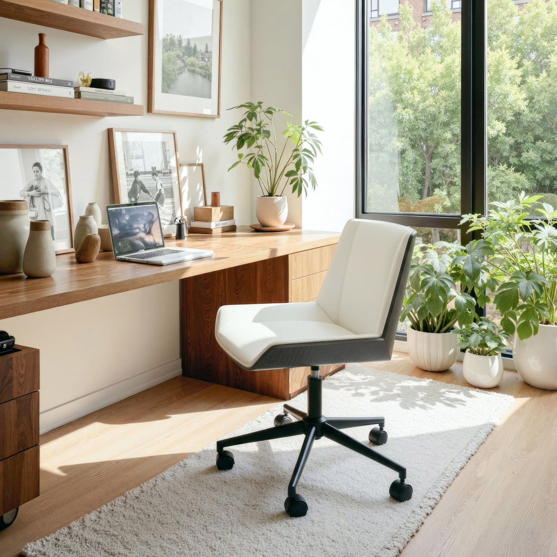 earth-toned fabric accent chair in a modern bedroom setting