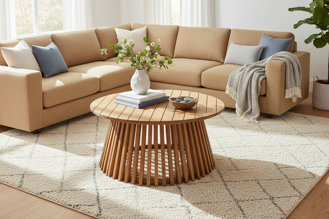 Beige sectional sofa with a wooden zahara coffee table natural in a living room setting.