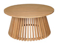 Wooden round zahara coffee table natural table with a unique base design on a white background