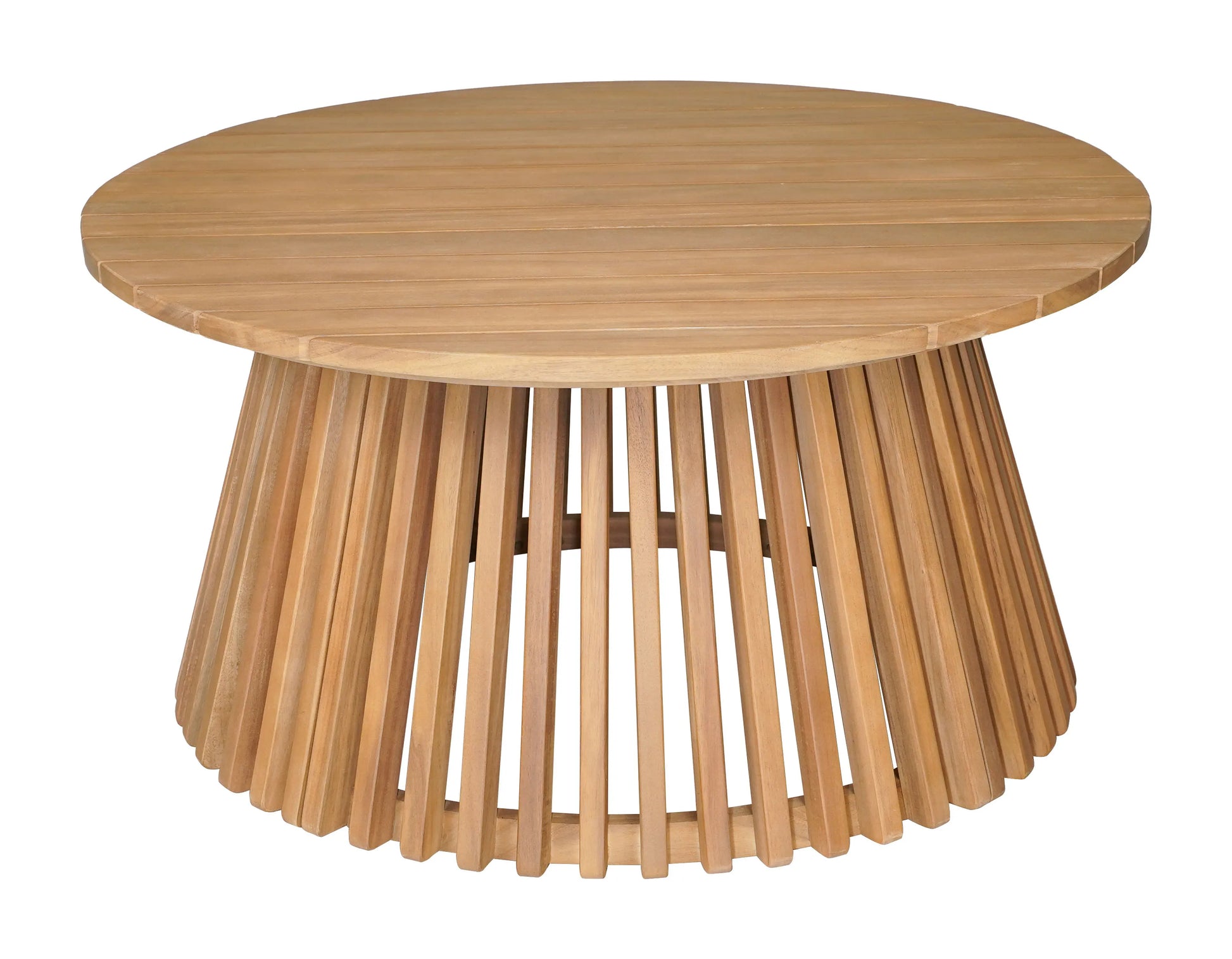 Wooden round zahara coffee table natural table with a unique base design on a white background