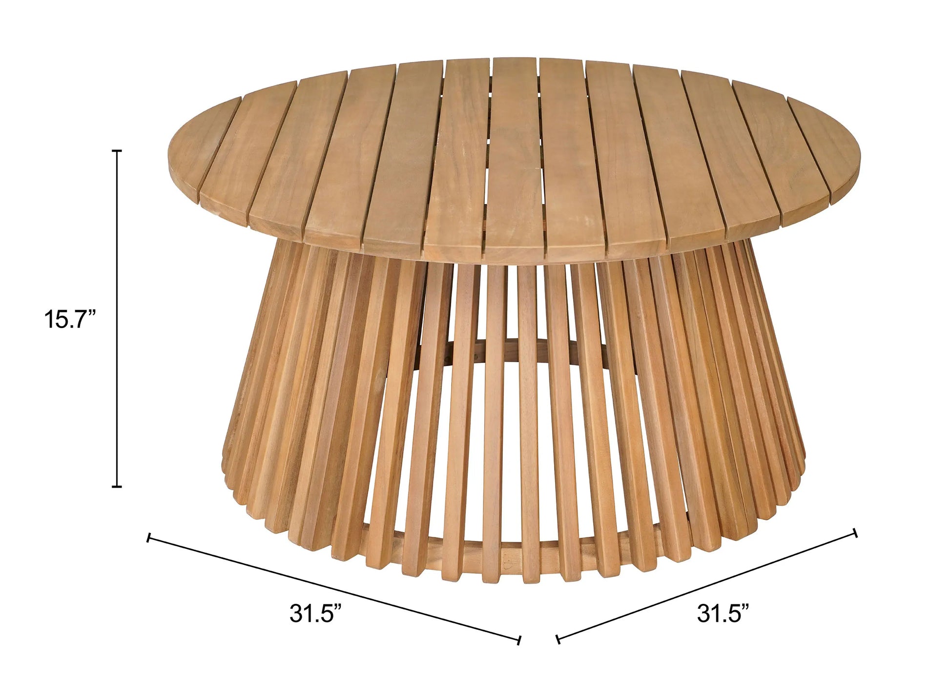 Wooden round zahara coffee table natural with dimensions on a white background