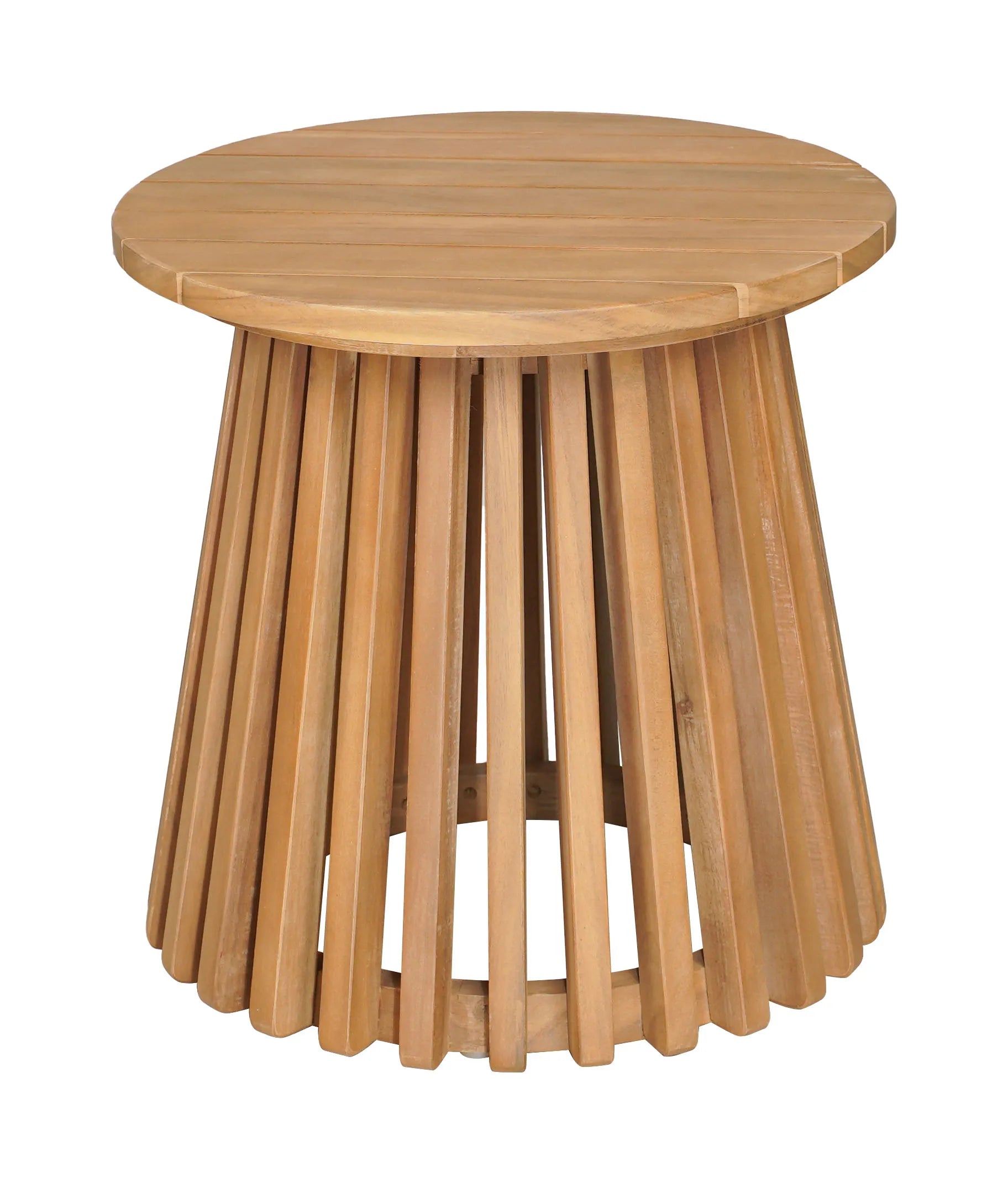 Wooden zahara side table natural with round top and slatted base on a white background
