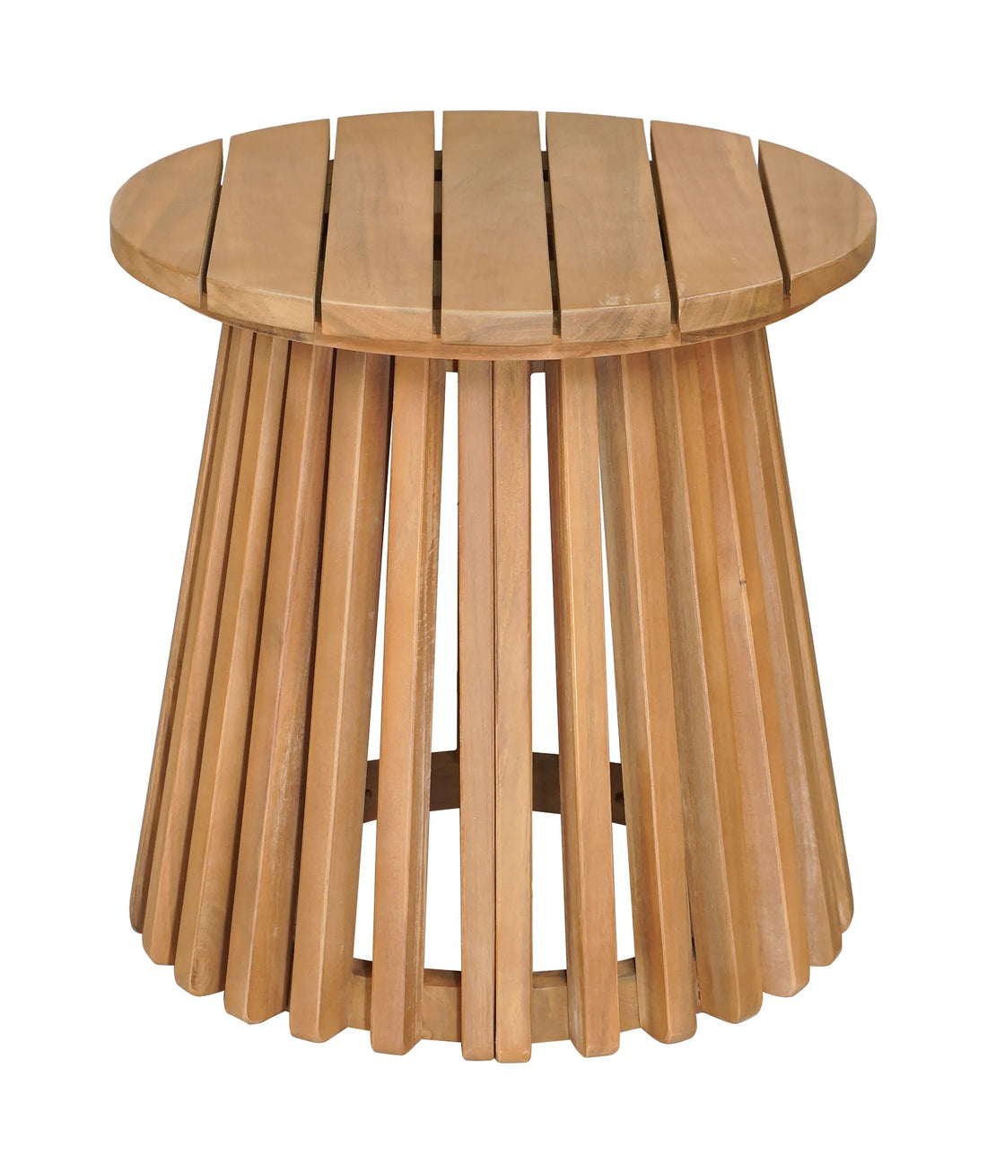 Pink outdoor lounge chair with wooden legs and a matching zahara side table natural on a patio with plants.