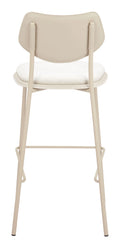Beige bar stool with white cushioned seat on a white background